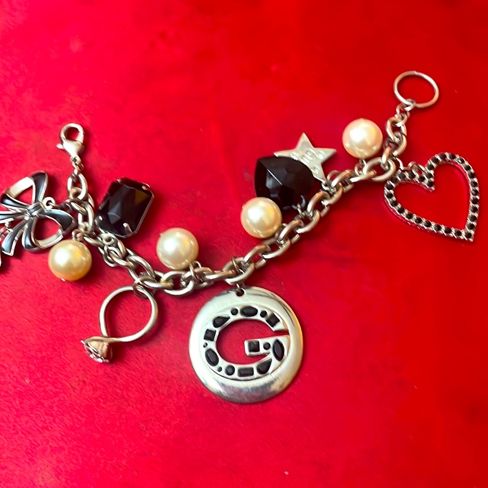 Guess charm bracelet, heart charm, pearl charms, other beautiful charms